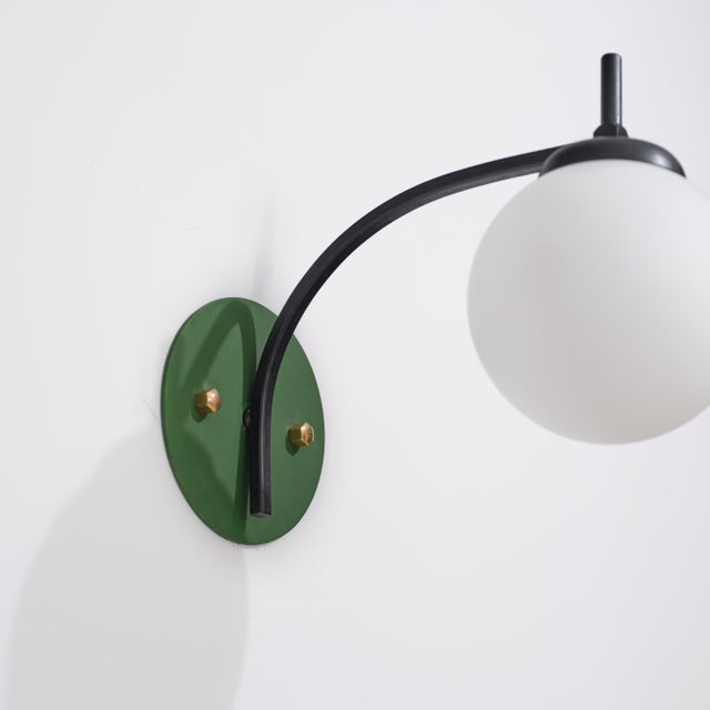 Mid-Century Modern Italian Curved Wall Sconces with Opaline Globes and Green Backplates, 1950s, Set of 2 For Sale - Image 3 of 11