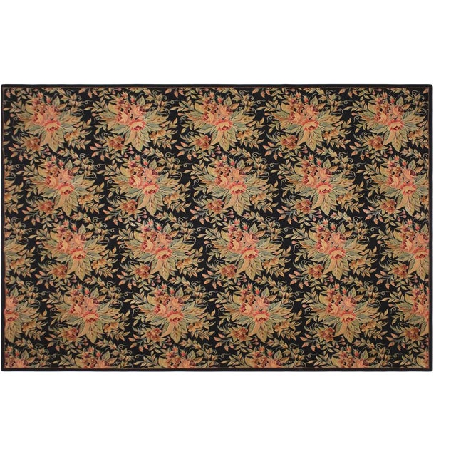 1960s Vintage Floral Black/Pink Needle Point Rug For Sale