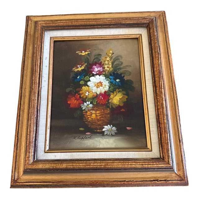Vintage Signed Floral Factory Art in Wood Frame With Linen Liner For Sale