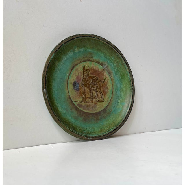 Shallow bronze bowl or charger with applied green verdigris patina (cold paint). Designed and manufactured by Holger...