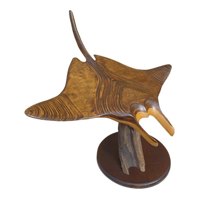 Vintage Wooden Manta Ray Sculpture on Wooden Stand For Sale