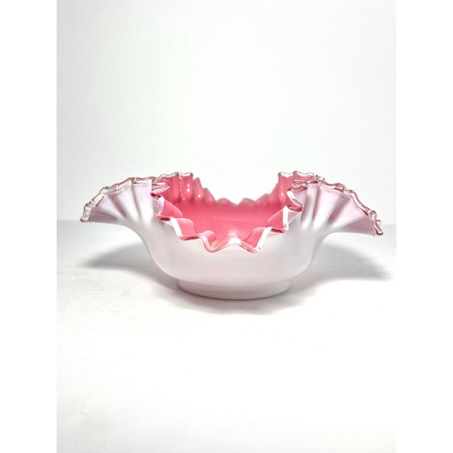 Fenton Art Glass Company 1940s Vintage Fenton “Peach Crest” Pink & Milk Glass Ruffled Crimped Bowl For Sale - Image 4 of 7