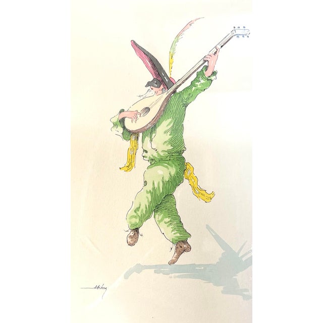 Green Punchinelli Venetian Musicians - Set/2 Framed Prints - Artist Signed For Sale - Image 8 of 10