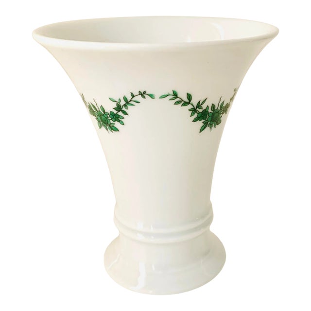 Small Vintage Furstenberg Germany White Vase With Green Wreath Design For Sale
