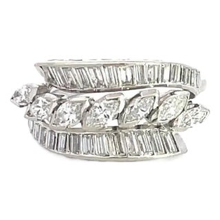 Marquee Diamond Ring 14k White Gold Band 1.70ct 3 Rows Half Circle Fancy For Sale
