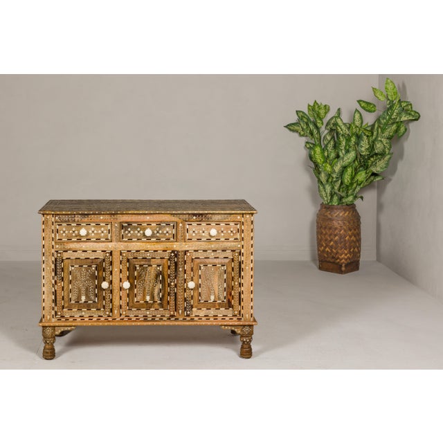 English Anglo-Indian Style Mango Wood Buffet with Geometric Bone Inlay For Sale - Image 3 of 12