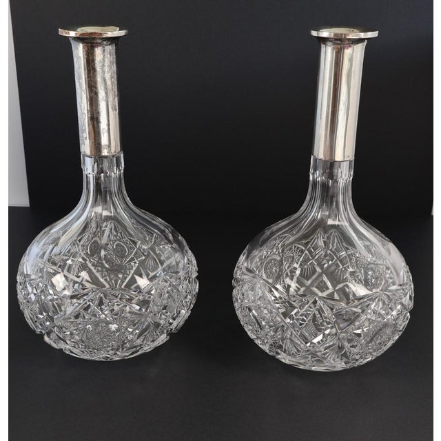 English Antique European Cut Crystal Decanters With 880 Silver Collars - a Pair For Sale - Image 3 of 8