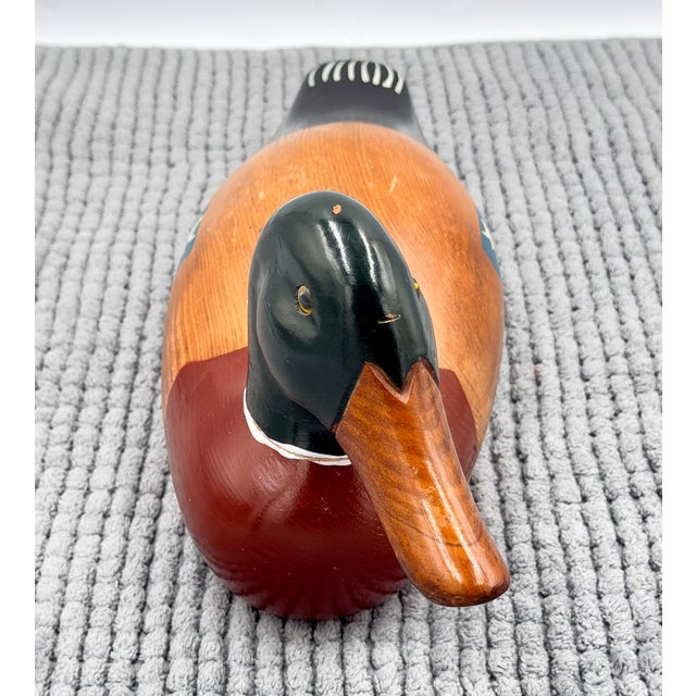 1970s Vintage Hand-Carved Hand-Painted Wooden Mallard Duck Decoy Folk Art Lodge Decor For Sale - Image 5 of 9