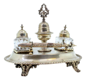 Silver and Glass Inkwell with Silver Lids and Pen Base with Reliefs