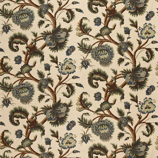 Contemporary Sample - Schumacher Jacobean Printed Crewel Fabric in Multi Blues Wood Tones For Sale - Image 3 of 3