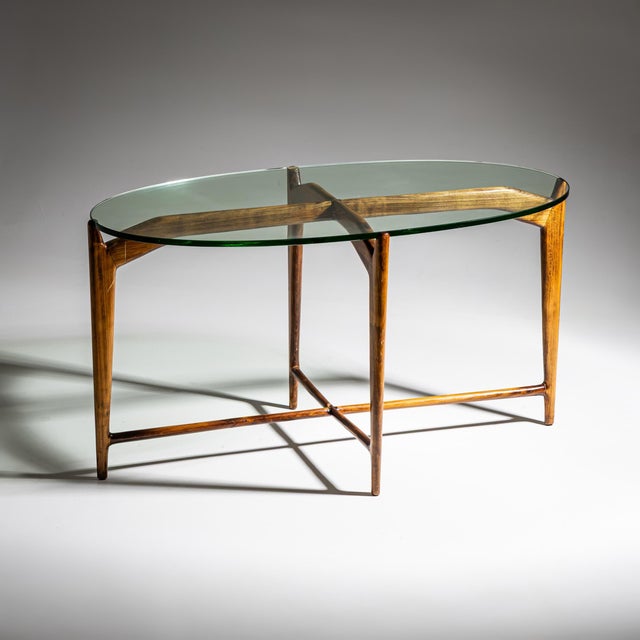 Mid-Century Modern Oval Coffee Table, Walnut Base, Glass Top, Italy For Sale - Image 12 of 15