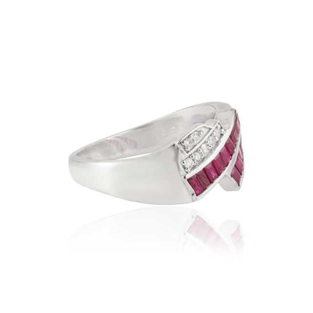 Metal Art Deco Style Baguette Ruby & Diamond Statement Ring in 925 Silver Size 8 For Sale - Image 7 of 15