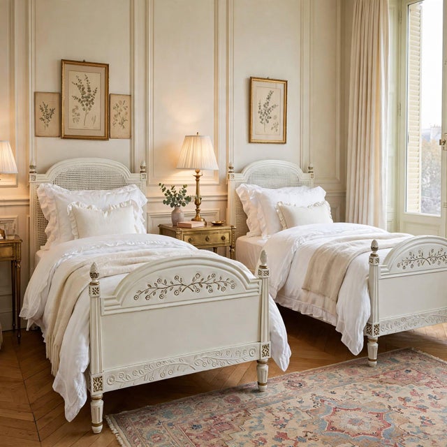 Beautiful pair of mid-century American-made French Provincial / Louis XVI twin beds finished in a distressed Creme Peinte...