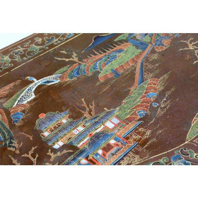 Antique 19th Century Chinese Brown Lacquer Demi-Lune Console Table | Hand-Painted Gilt Decor For Sale - Image 14 of 17