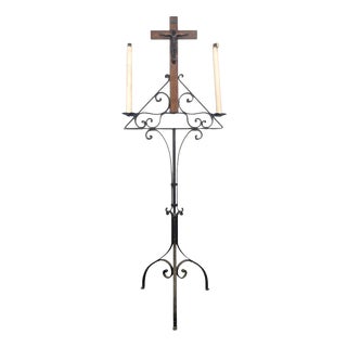 Large Wrought Iron Church Candelabra with Carved Wooden Crucifix For Sale