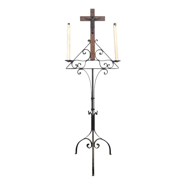 Large Wrought Iron Church Candelabra with Carved Wooden Crucifix For Sale