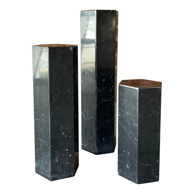 Mid Century Modern Hexagon Pedestals in Black Marble | Set of Three For Sale