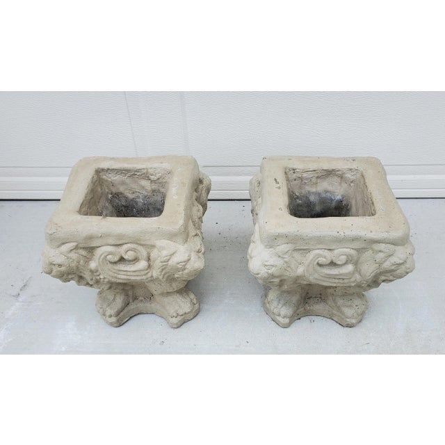 Pair of Early 20th Century Painted Square Cast Stone Lion's Heads and Paw Feet Planters For Sale In San Diego - Image 6 of 13