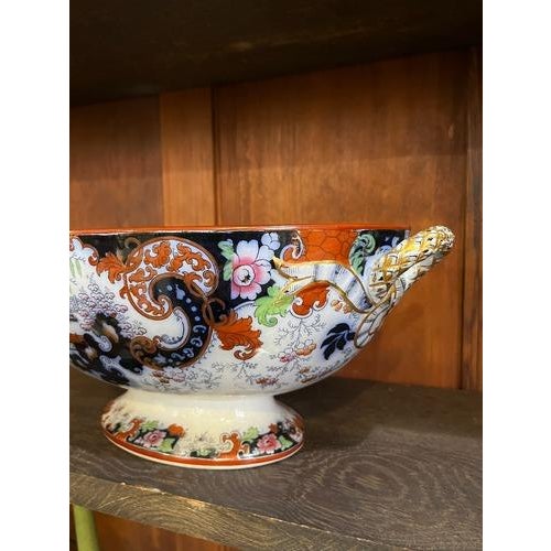 Victorian 1900s Ridgway Corey Hill Footed Oblong Tureen Bowl Imari Asian Orange Flow Blue 14.25" For Sale - Image 3 of 12