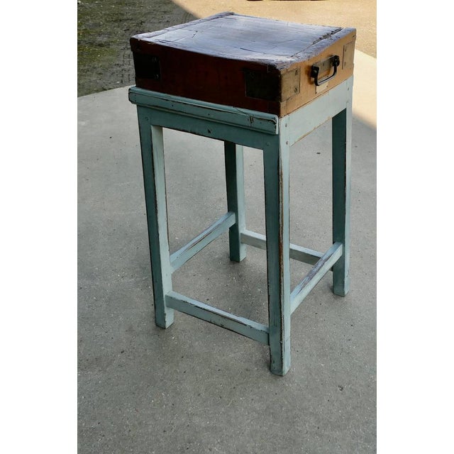 A Good French Butcher’s Block from Dubec This is an antique Sycamore Chopping Block with tall square painted legs, the 5”...