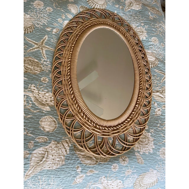 Tan Vintage Late 20th Century Mgm Boho Chic Faux Rattan Oval Wall Mirror For Sale - Image 8 of 9