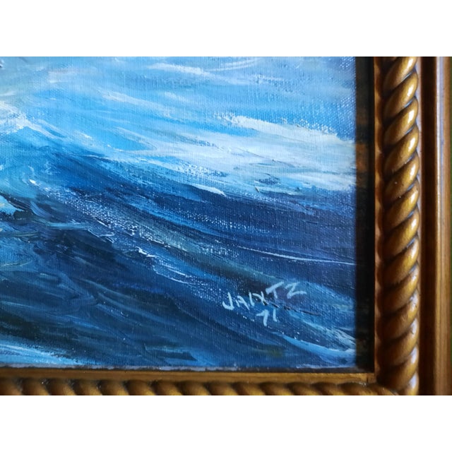 1970s Vintage 1971 Jantz Framed Tall Ships & Clipper Ships Maritime Oil Painting For Sale - Image 5 of 7