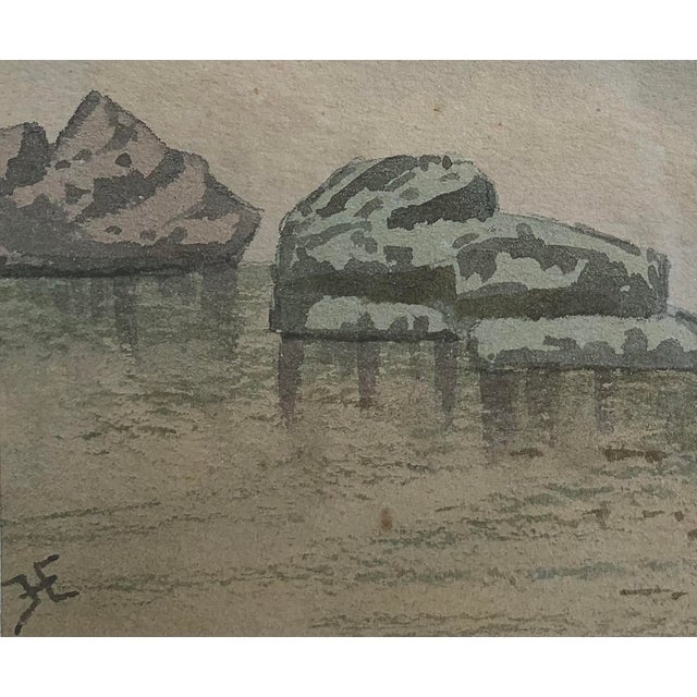 Nautical Miniature Antique 1910s Rocky Beach Shore Seascape Painting Watercolor For Sale - Image 3 of 6