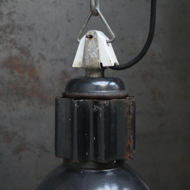 Industrial Industrial French Black Enamel and Clear Glass Factory Pendant Lamp For Sale - Image 3 of 7
