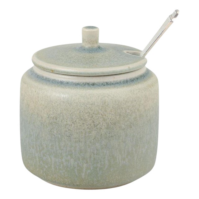 Stoneware Jam Jar with Silver Spoon from Palshus, Denmark, 1960s, Set of 2 For Sale
