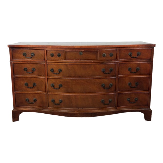 Mid Century Georgian Style Lowboy Dresser With Bowfront Design and 9 Drawers For Sale