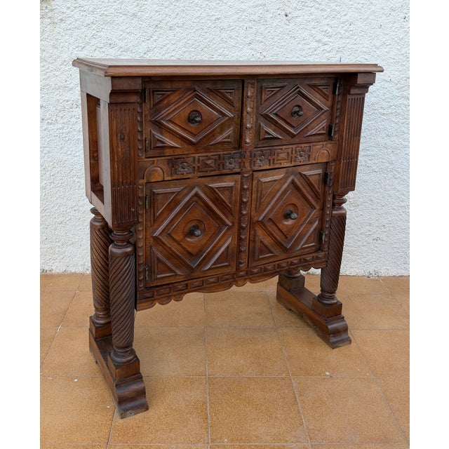 Wood Early 20th Century Rare Spanish Carved Walnut Sideboard With Geometric Panels and Spiral Columns For Sale - Image 7 of 15