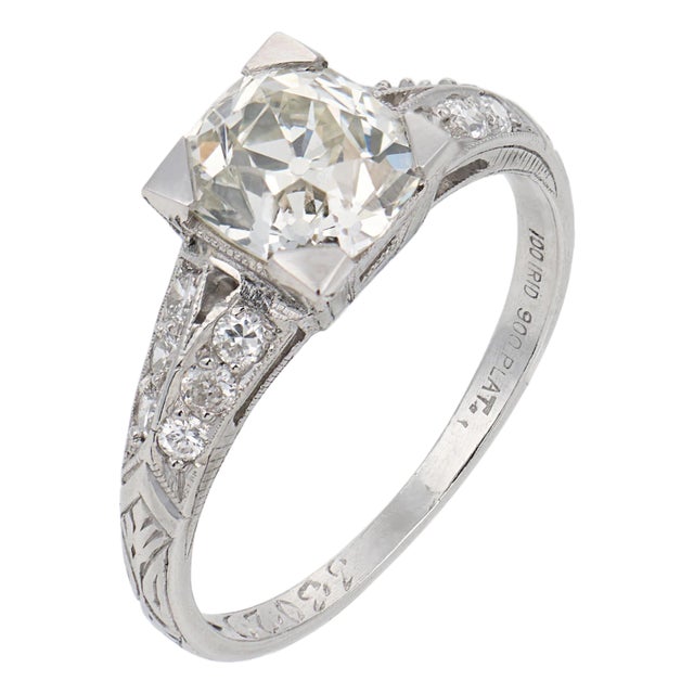 1930s Art Deco Gia 1.35 Carat Old Mine Cut Diamond Platinum Engagement Ring, Size 5 For Sale