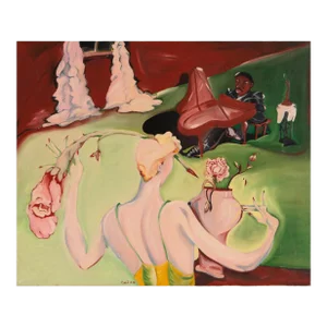 'Eros & Jazz' by Bazil, 1974, Large Post Impressionist Figural Oil, Beat, Piano, Roses, Musical