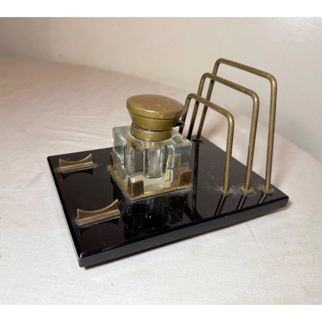 Antique Black Glass Bronze Brass Desk Inkwell Jar Letter Pen Holder Stand For Sale In New York - Image 6 of 10