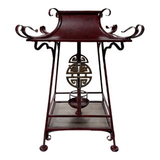 Large Vintage Chinoiserie Iron Pagoda Lantern Candle Stand - Dark Red Maroon Finish For Sale