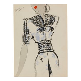 Vintage French Fashion Art Print – Art Deco Fur Trim Dress Illustration, 18" X 24" For Sale