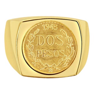Dos Pesos Gold Coin Polished Bezel Ring 14k Yellow Gold, Size 6 For Sale