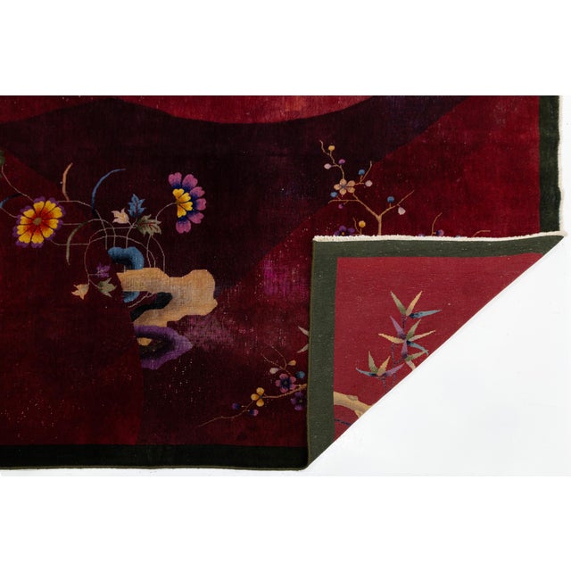 Art Deco Antique 1920s Chinese Art Deco Wool Rug in Rich Ruby, Plum & Magenta 9x11 For Sale - Image 3 of 13