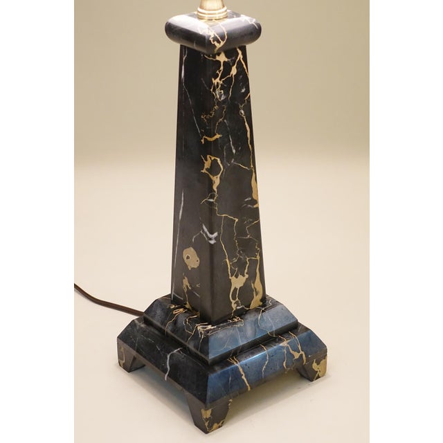 Stone 1960s Art Deco Revival Modern Obelisk Column Black Portoro Marble Table Lamp For Sale - Image 7 of 12