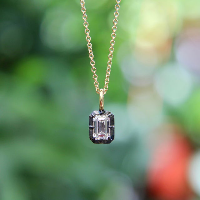 18k Gold 1/2 Carat Emerald Cut Diamond in Collet Setting With Black Rhodium Necklace For Sale - Image 10 of 12