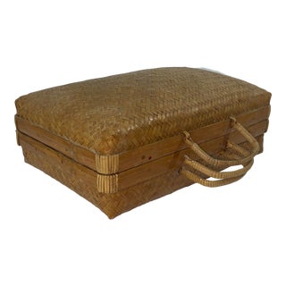Mid-Century Boho Chic Bamboo Suitcase Style Storage Basket. For Sale