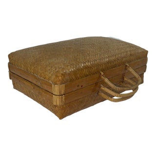 Mid-Century Boho Chic Bamboo Suitcase Style Storage Basket For Sale