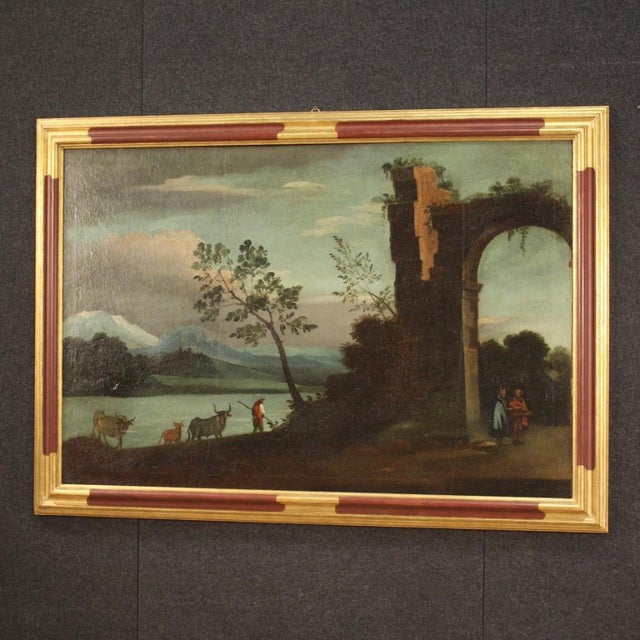 Italian Painting Landscape with Characters and Ruins, 1750, Oil on Canvas, Framed For Sale - Image 10 of 17