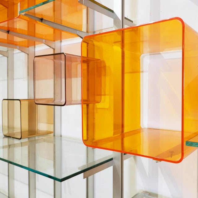 Lavender Modular Wall Shelf in Brushed Metal, Glass and Acrylic, 1960s For Sale - Image 8 of 11