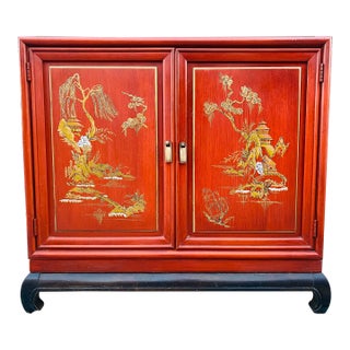 Vintage Mid Century Chinoiserie Cinnabar Double Door Cabinet For Sale