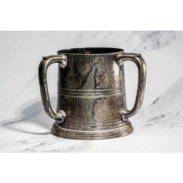 Sculptural Antique Silverplate Triple Handle Trophy Cup Sporting Award Golf Club Home Man Cave Decor For Sale In New York - Image 6 of 9