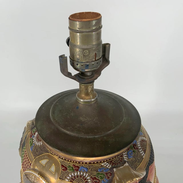 Antique Japanese Satsuma Lamp With Hight Relief Decoration For Sale - Image 11 of 11