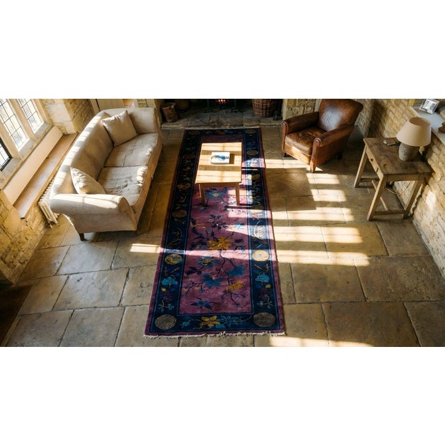 1920s Purple Floral Antique Chinese Art Deco Carpet 2'9" X 13'10" Handknotted Wool Rug Runner For Sale - Image 13 of 13