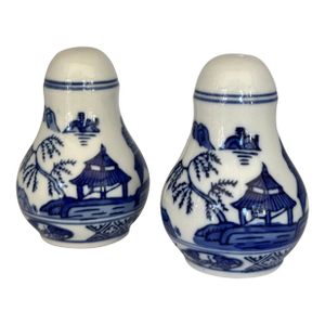 Chinoiserie Pagoda Motif Blue & White Salt & Pepper Shakers - A Pair