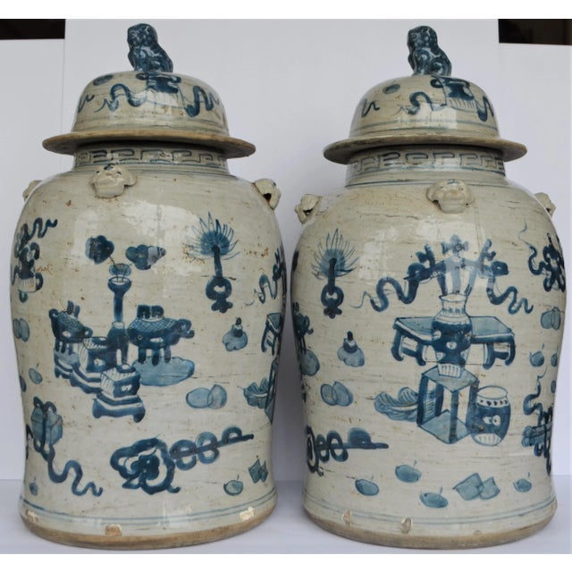 Chinoiserie White & Blue Baluster Temple/Ginger Jars - a Pair For Sale - Image 4 of 6